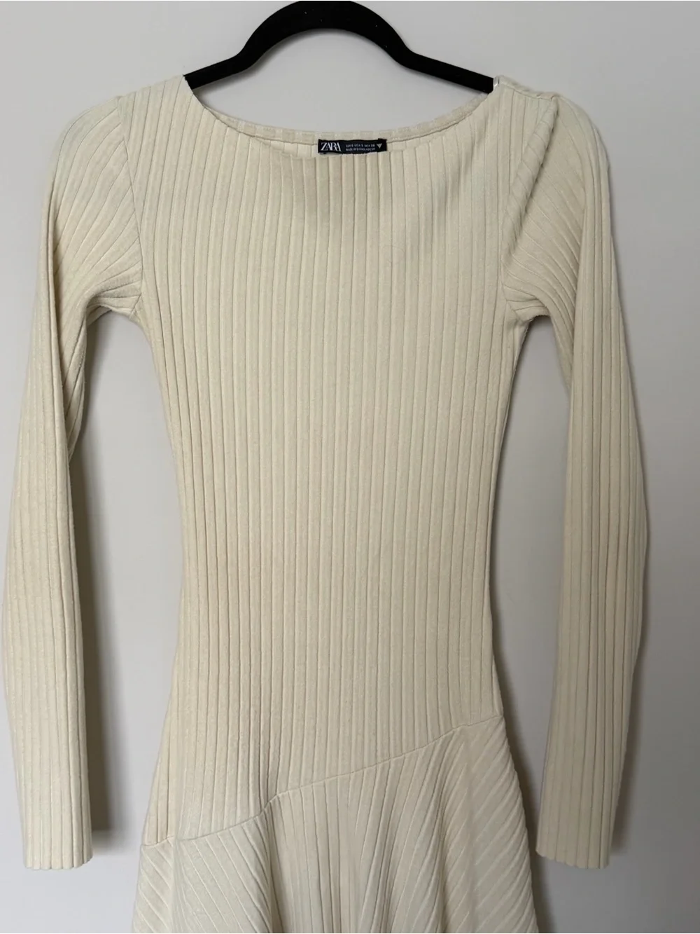 Zara Cream Ribbed Long Sleeve Midi Fit-and-Flare Dress